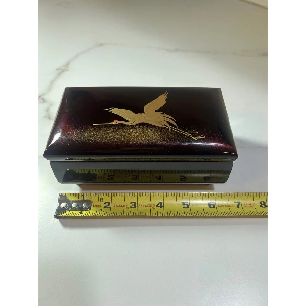 Vintage‎ Japanese Lacquerware Music Jewelry Box Gold Crane Red Velvet Mirror